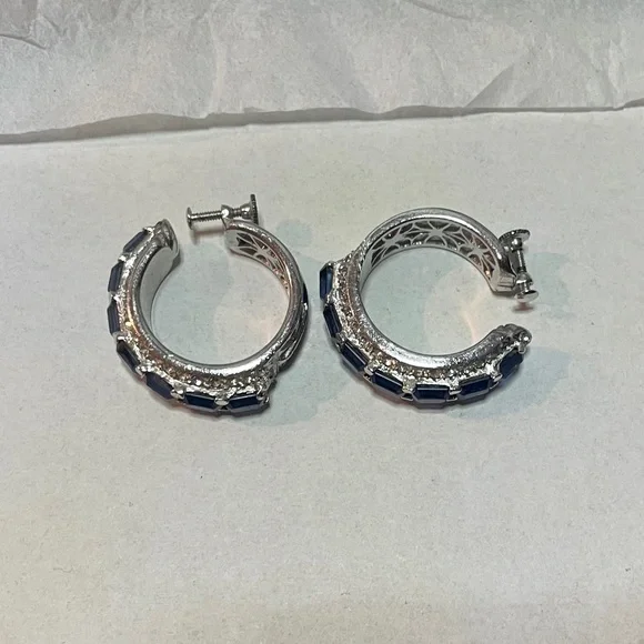 Silver-Toned Faux Blue Sapphire and Zirconia Hoop Earrings –Crystal Huggie Hoops - Picture 9 of 15